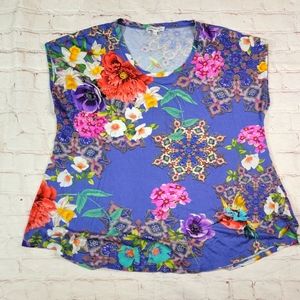 Johnny Was Floral Short Sleeve Shirt Blouse Size Large Pima Cotton/Modal